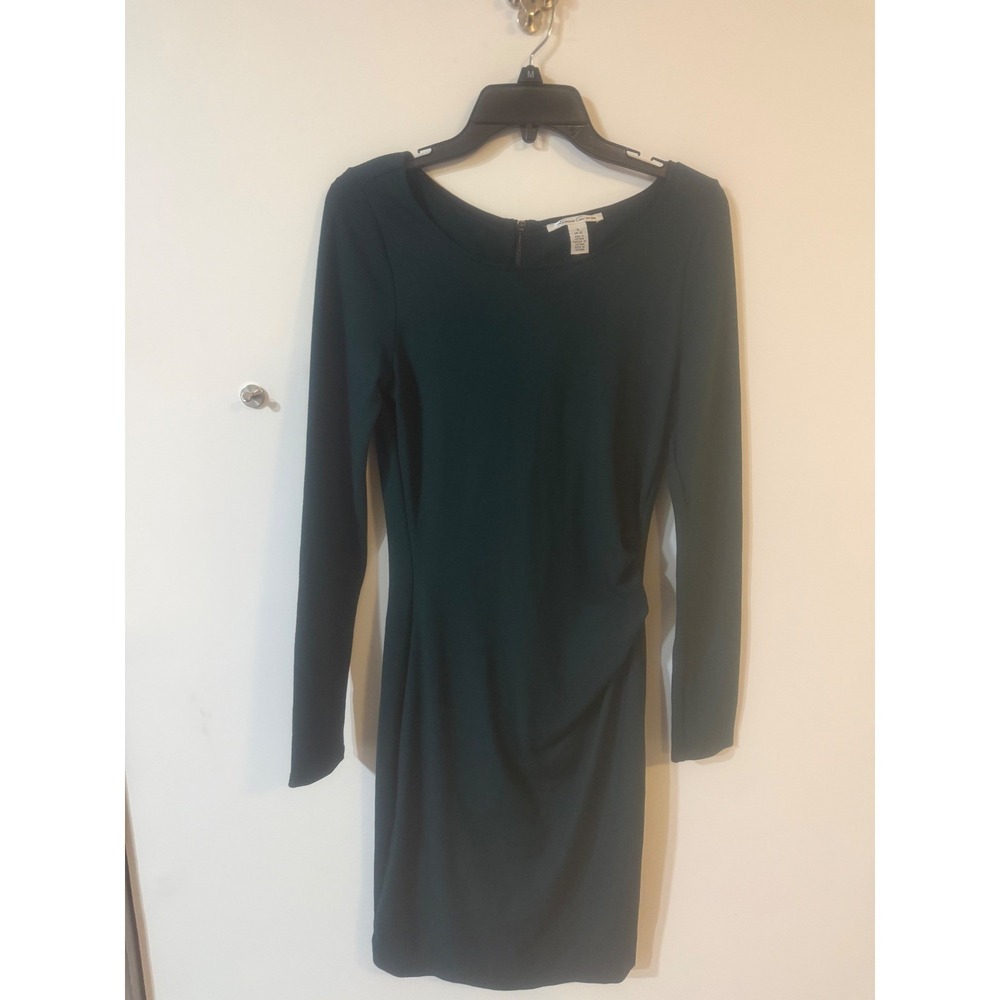 Kenneth Cole New York Forest Green Ruched Sheath Dress Long Sleeve Exposed Zip 8